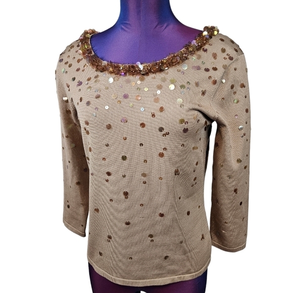 Talbots Taupe Silk Blend Sequin‎ 3/4 Sleeve Blouse Size Small Women's - Picture 8 of 8
